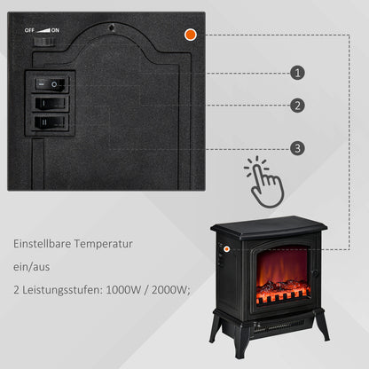 HOMCOM Elektrokamin freistehend, Flammeneffekt, 2 Heizmodi 1000W/2000W, gehärtetes Glas, Schwarz, 36,5x24x45,5 cm