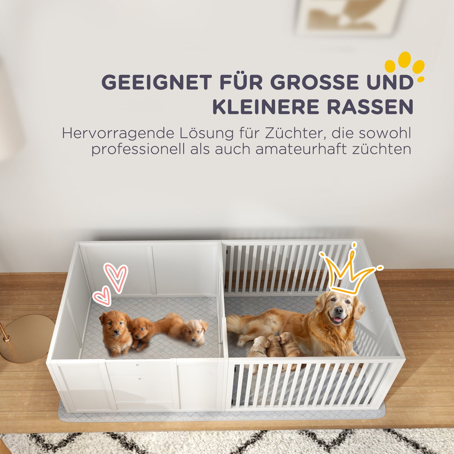 PawHut Wurfbox für Welpen, mit Unterlage, leicht zu reinigen, Holz, 166x80x50 cm, Weiß