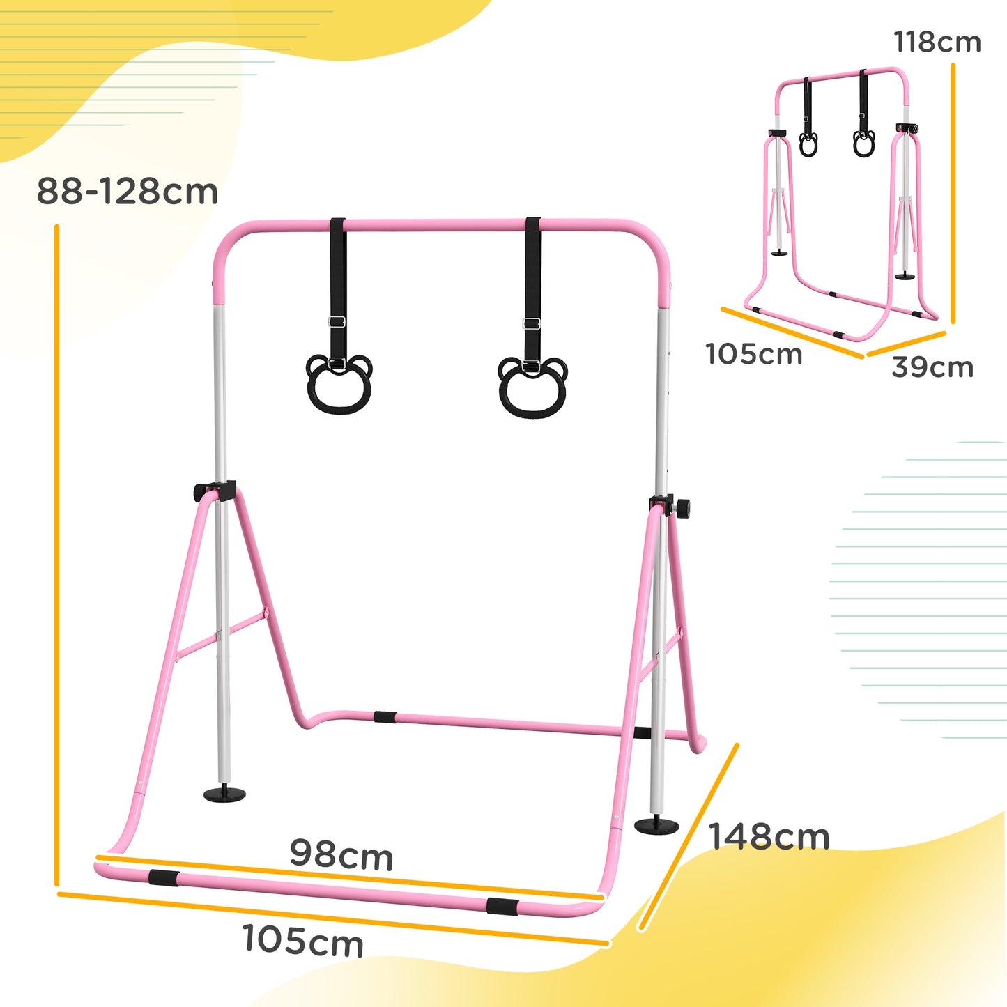 HOMCOM Kinder-Turnbarren mit Ringen, höhenverstellbar, klappbar, rutschfest, Stahlrahmen, 148x105x88-128 cm, Pink