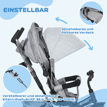 HOMCOM Kinder-Dreirad, Kinderfahrrad, Rückenkorb, Becherhalter, Sonnendach, Metall, Grau