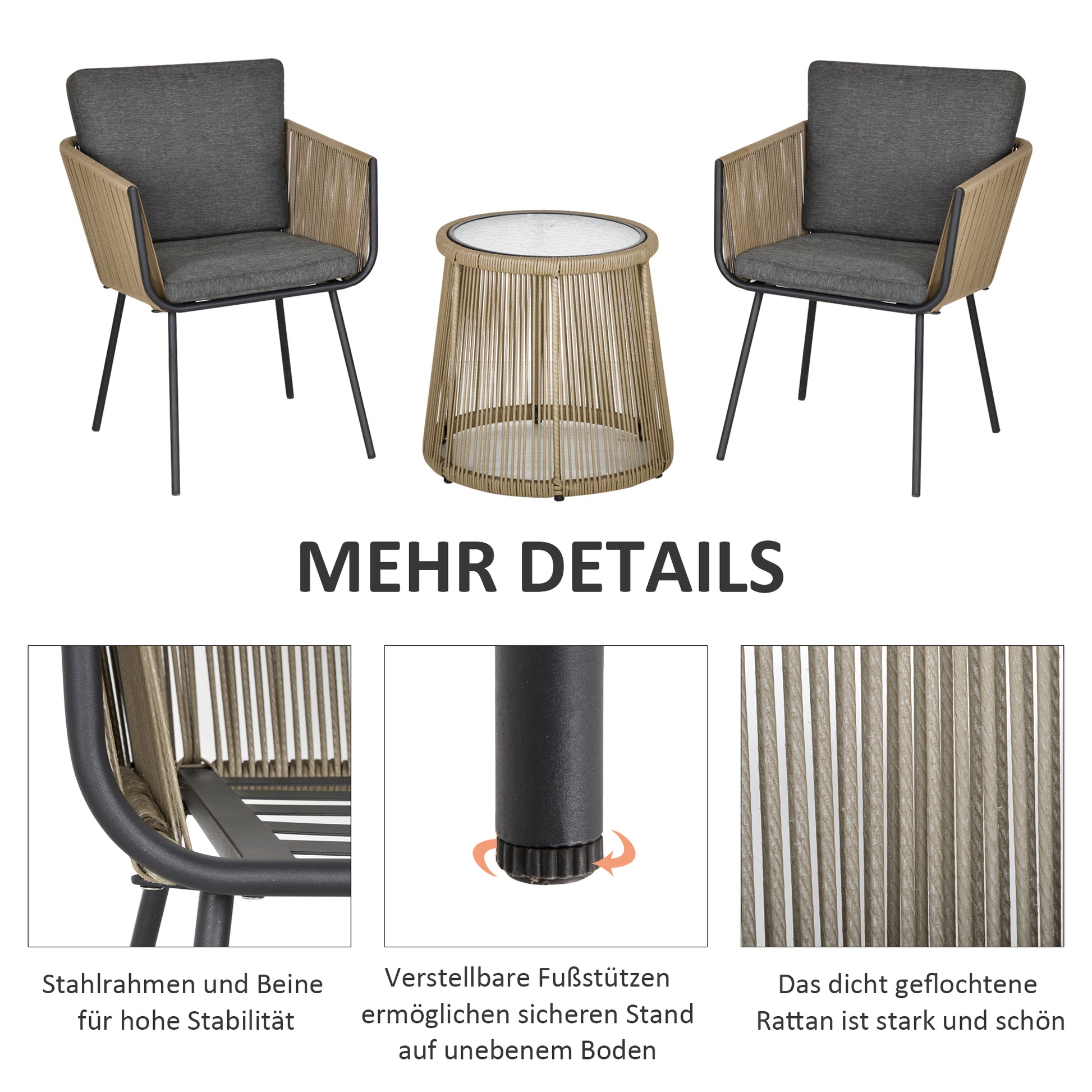 Outsunny 3-teilige Sitzgruppe, 2 Stühle, Beistelltisch, Sitz- & Rückenkissen, Hartglas-Tischplatte, Kunstrattan, Grau