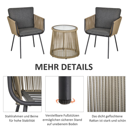 Outsunny 3-teilige Sitzgruppe, 2 Stühle, Beistelltisch, Sitz- & Rückenkissen, Hartglas-Tischplatte, Kunstrattan, Grau