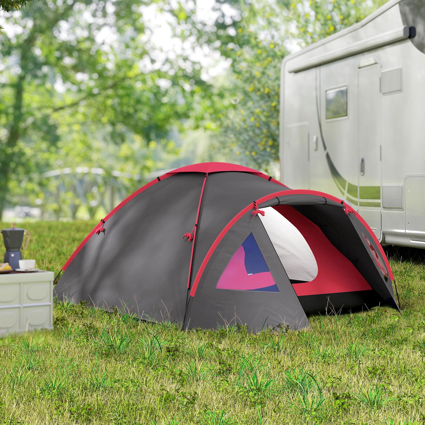 Outsunny Campingzelt für 3 Personen leicht, stabil wasserdicht UV 50+ mit Vordach Tür Fenster, Bodenplane Grau