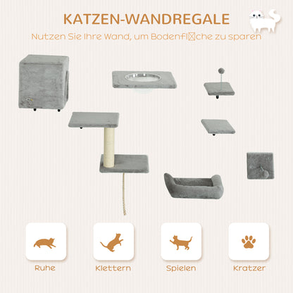 PawHut Kletterwand Katzen 7-teilig Katzen Kletterwand Set mit Katzenhaus, Plattform, Plattform Grau