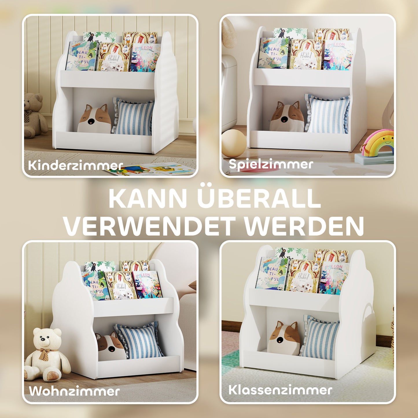 AIYAPLAY Kinderregal, 2-stöckiges Kinder-Bücherregal mit Rädern, 4 Regalen, für Kinderzimmer, Spielzimmer, 54x50x56 cm, Weiß