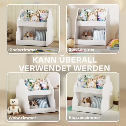 AIYAPLAY Kinderregal, 2-stöckiges Kinder-Bücherregal mit Rädern, 4 Regalen, für Kinderzimmer, Spielzimmer, 54x50x56 cm, Weiß