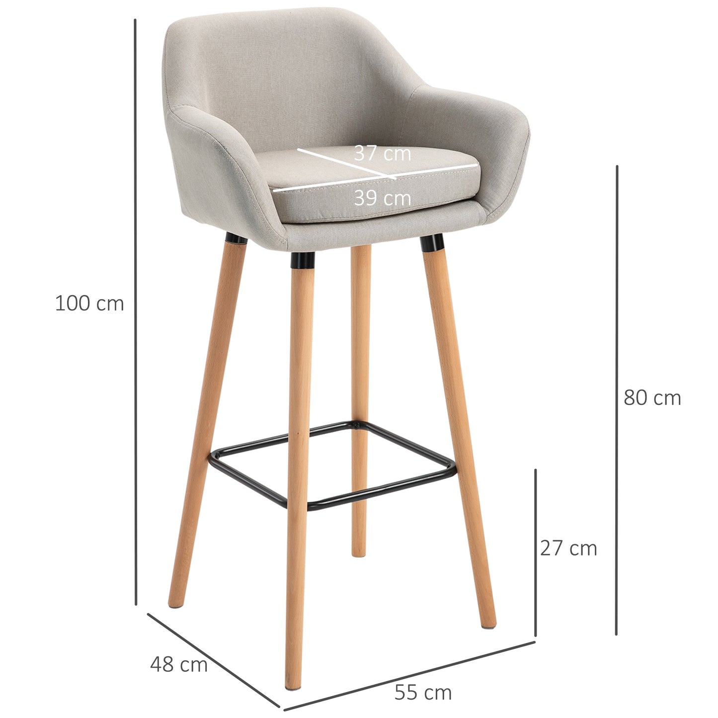 HOMCOM 2er-Set Barhocker, inkl. Fußstütze, Massivholz, 55 cm x 48c m x 100 cm, Beige
