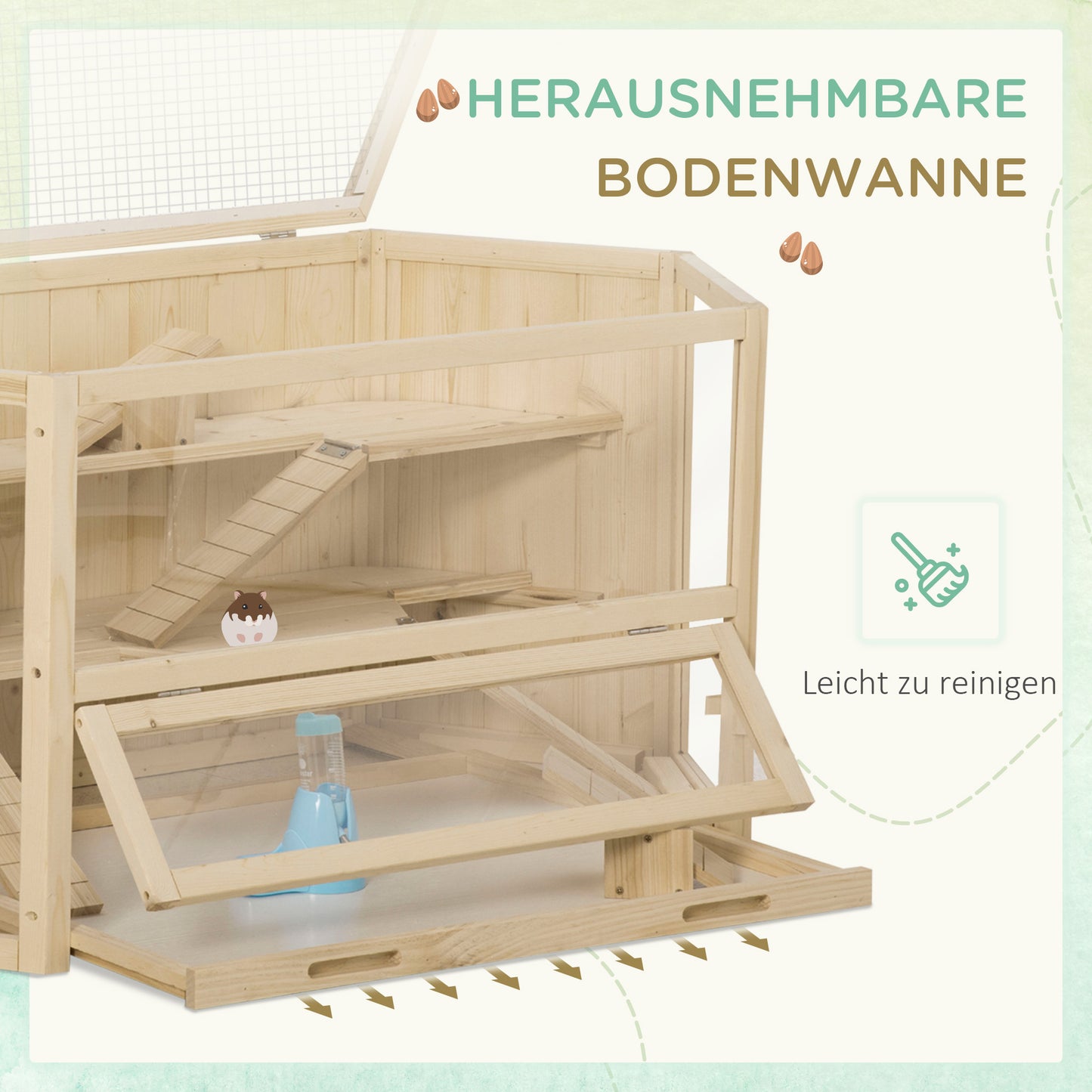 PawHut Kleintierkäfig, Nagerkäfig, Nagerheim mit 1 Rampe, 1 Wippe, herausnehmbare Bodenwanne, Tannenholz, Natur