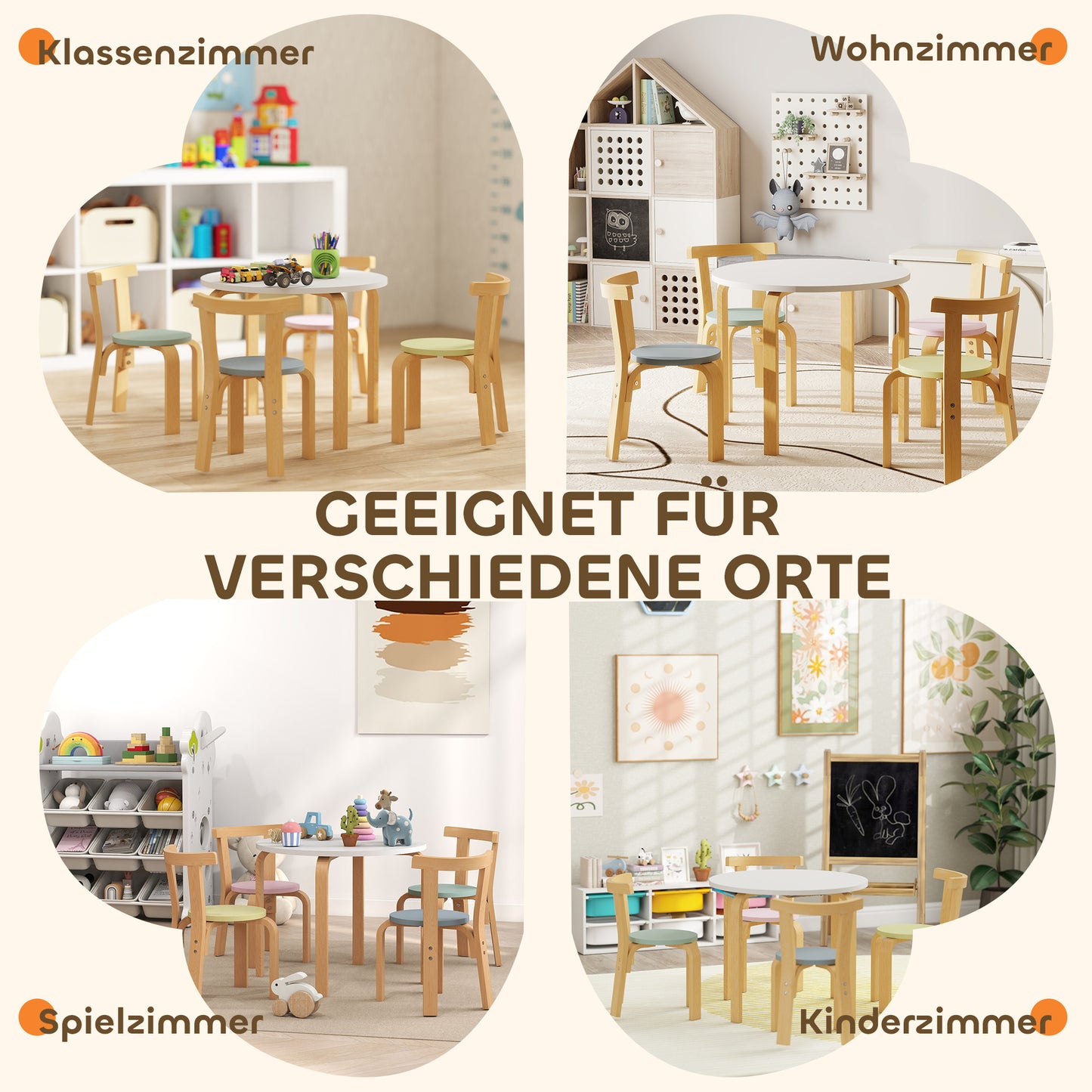 AIYAPLAY 5-teiliges Kindertisch- und Stuhlset, leichtes Massivholz, Bunt