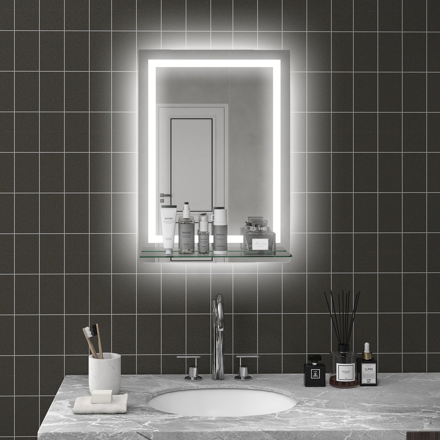 kleankin LED-Badspiegel, dimmbar, Anti-Beschlag, Touch-Schalter, Ablage, 50 x 70 cm, Silber