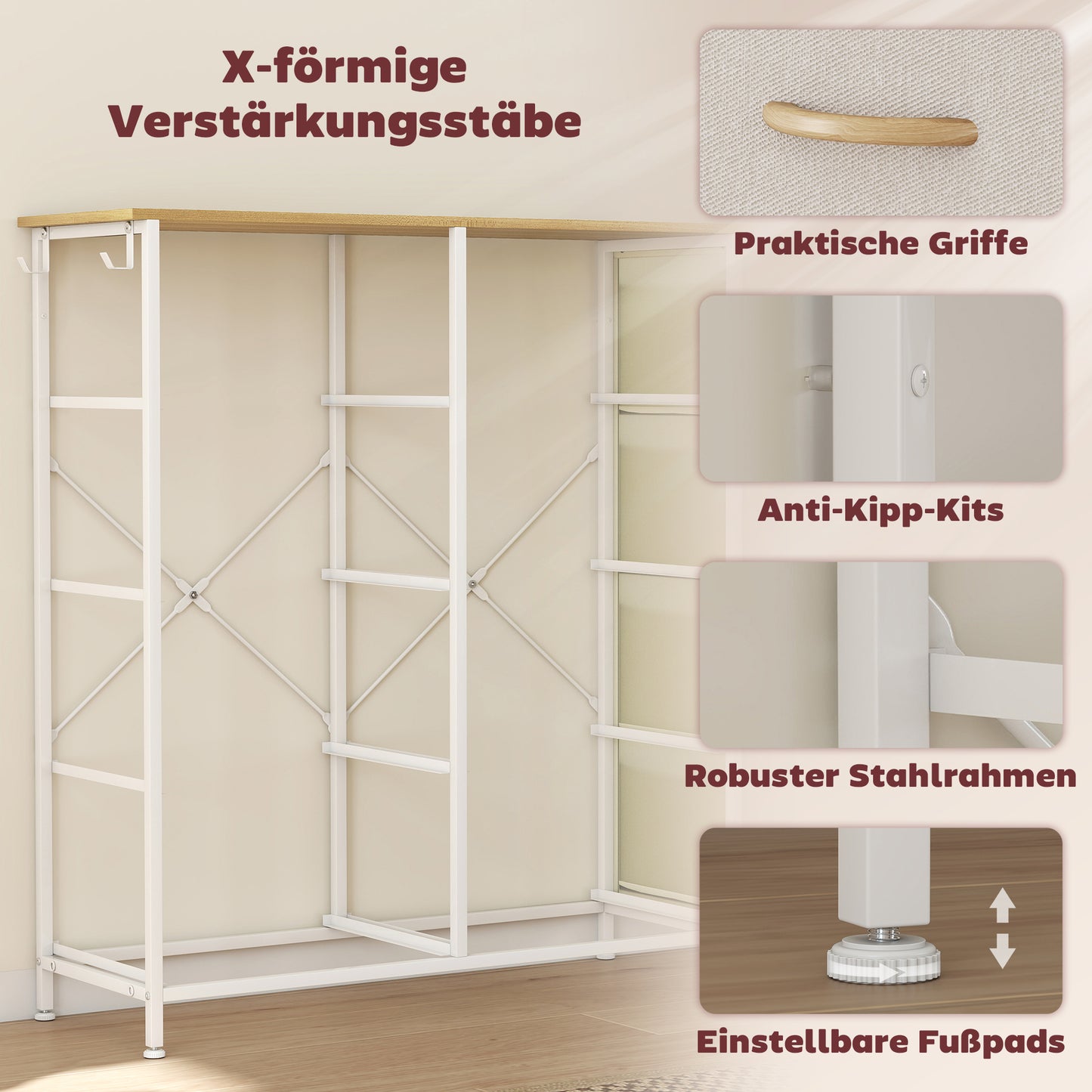 HOMCOM Schlafzimmer-Kommode mit 8 Stoffschubladen, Stahlstreben, Holzoberfläche, 4 Aufbewahrungstaschen, 2 Haken, Beige