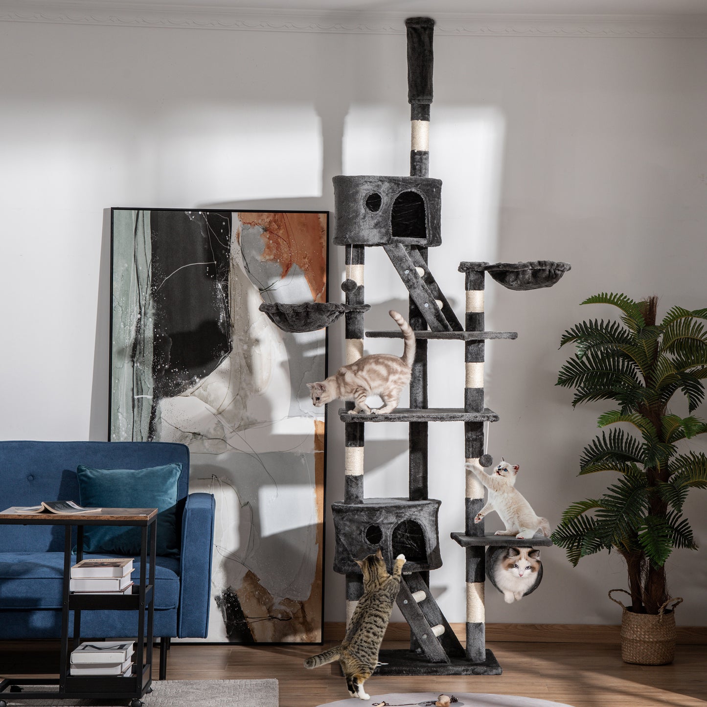 PawHut Kratzbaum deckenhoch Höhe 240-260 cm Katzenbaum mit Plüschbälle, Katzenhöhle, Hängematte, Sisalstämme, Plattformen mehrstöckiger Katzenkratzbaum Kletterbaum für große Katzen, Dunkelgrau