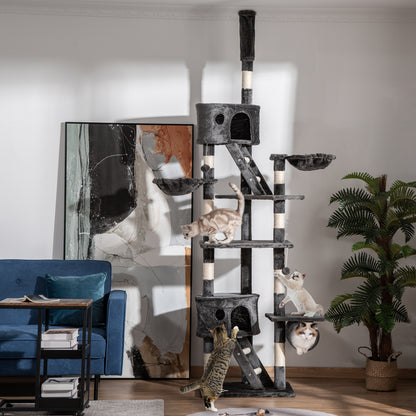 PawHut Kratzbaum deckenhoch Höhe 240-260 cm Katzenbaum mit Plüschbälle, Katzenhöhle, Hängematte, Sisalstämme, Plattformen mehrstöckiger Katzenkratzbaum Kletterbaum für große Katzen, Dunkelgrau