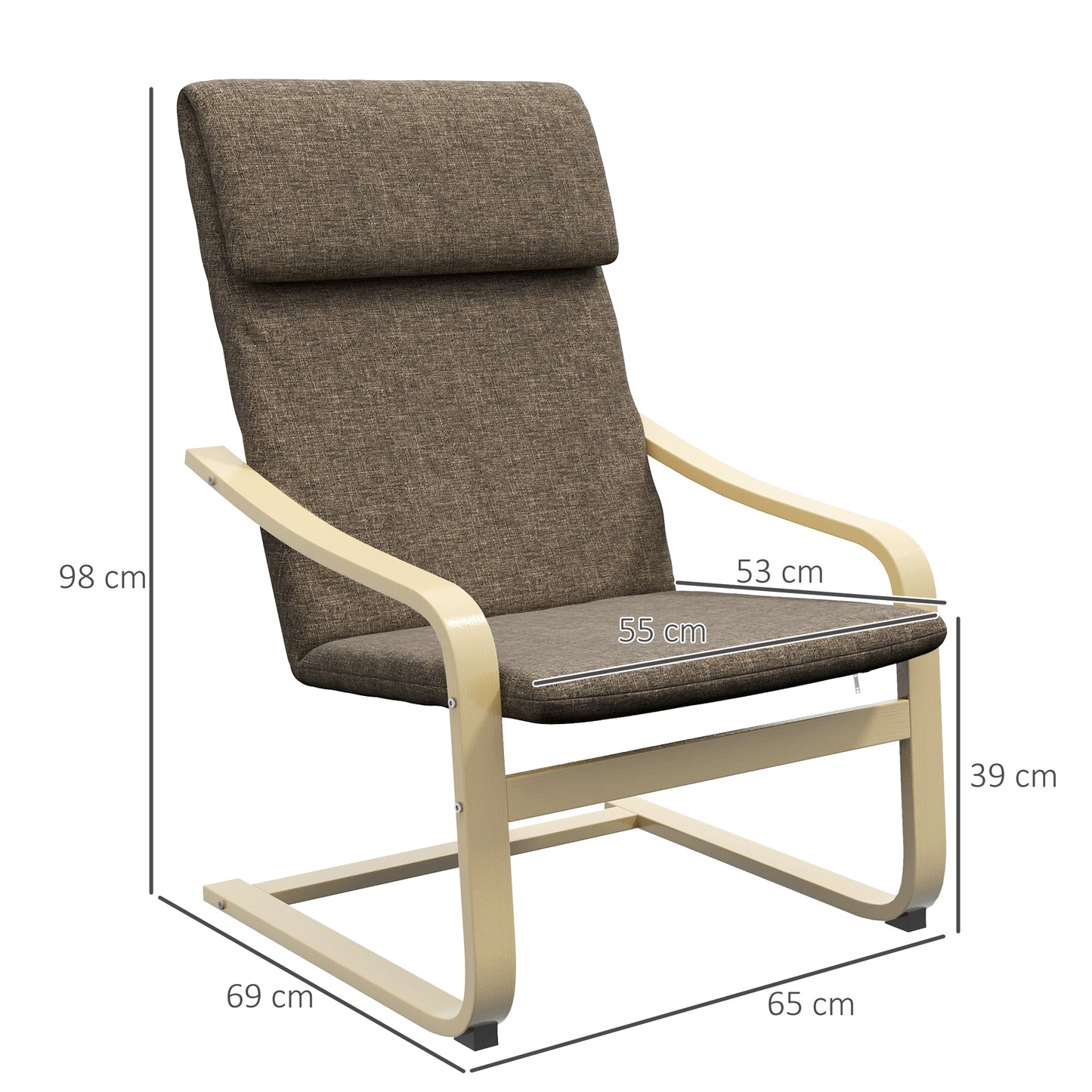 HOMCOM Sessel mit Kopfstütze und Armlehnen, Bezug in Leinenoptik, Holzgestell, Braun + Natur