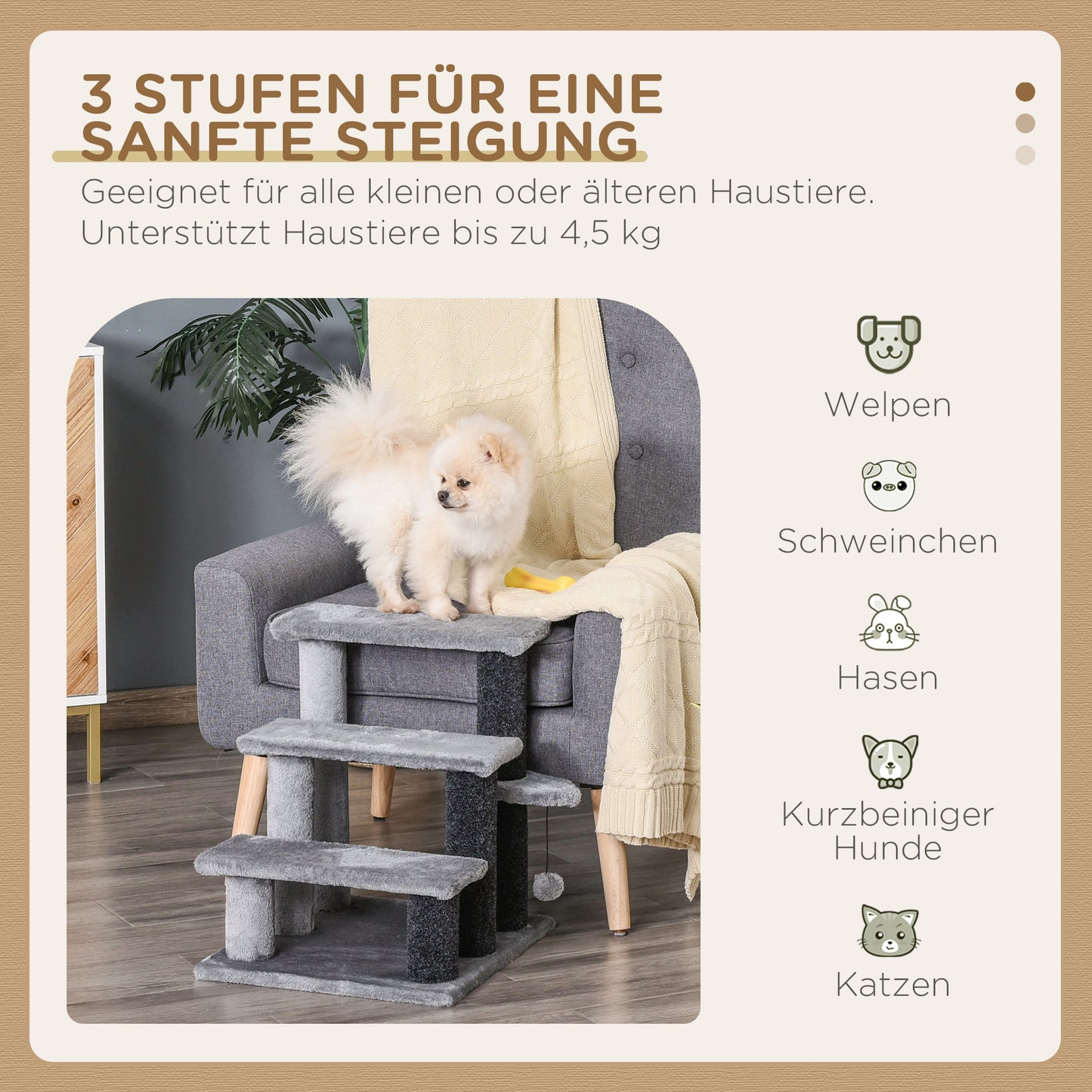 PawHut Katzentreppe 3-Stufige Haustiertreppe mit Kratzsäulen Ball Hundetreppe Tiertreppe for Katzen bis 5 كجم Plüsch Jute Grau 45 × 40 × 48 سم