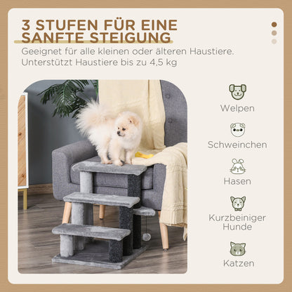 PawHut Katzentreppe 3-Stufige Haustiertreppe mit Kratzsäulen Ball Hundetreppe Tiertreppe for Katzen bis 5 كجم Plüsch Jute Grau 45 × 40 × 48 سم