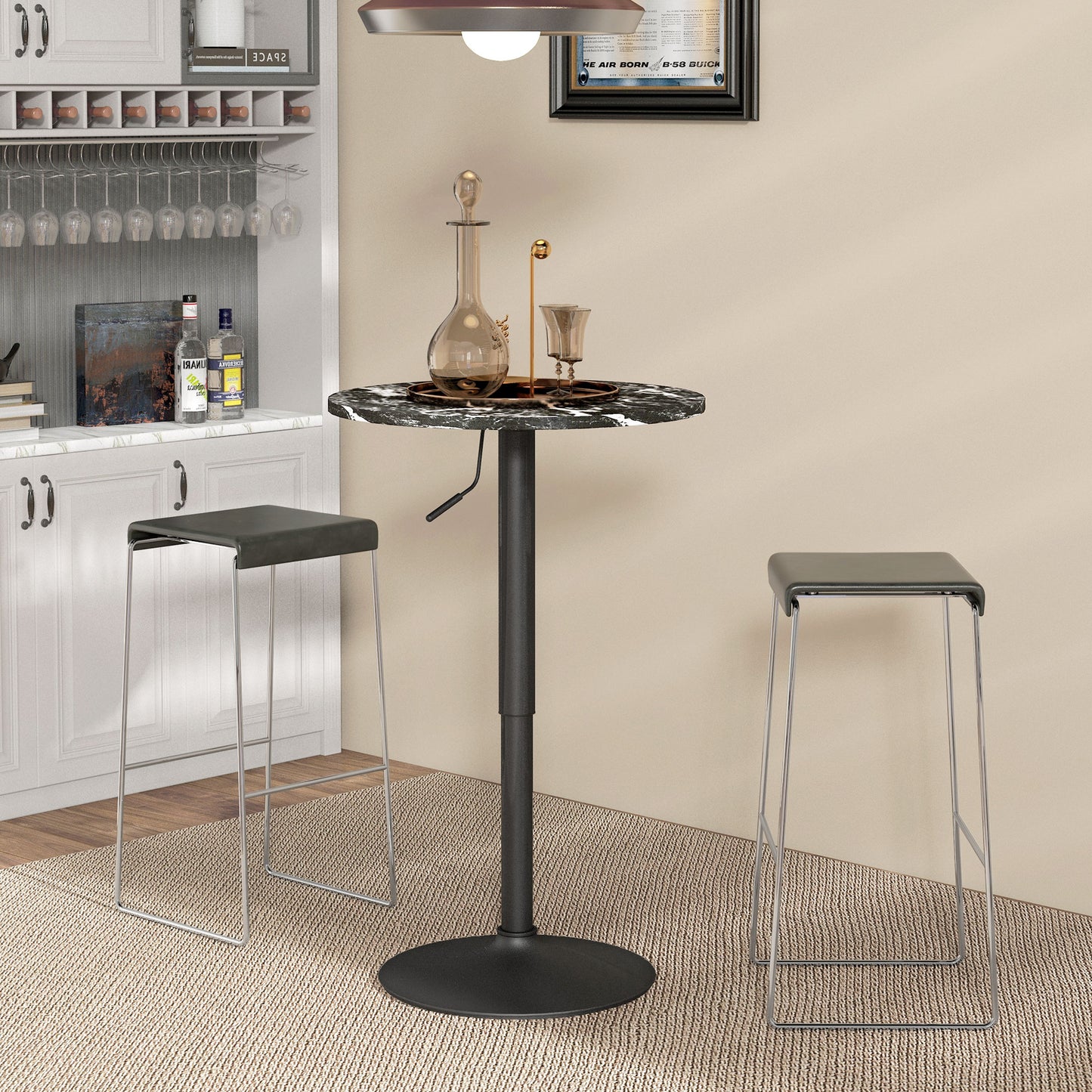 HOMCOM Bartisch für 2 Personen، höhenverstellbar، Marmoroptik، 60 x 60 x 68-93,5 سم، أسود
