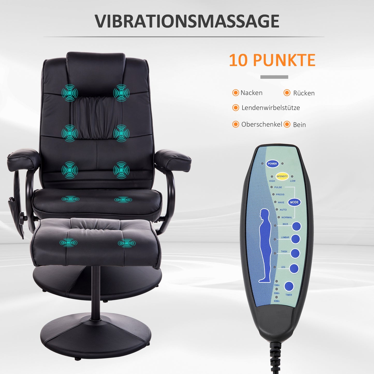HOMCOM Massagesessel mit Hocker, Drehbares Relaxsessel mit Massagefunktion, Elektrisches Fernsehsessel mit Liegefunktion, Fernbedienung für Wohnzimmer, Kunstleder, Schwarz