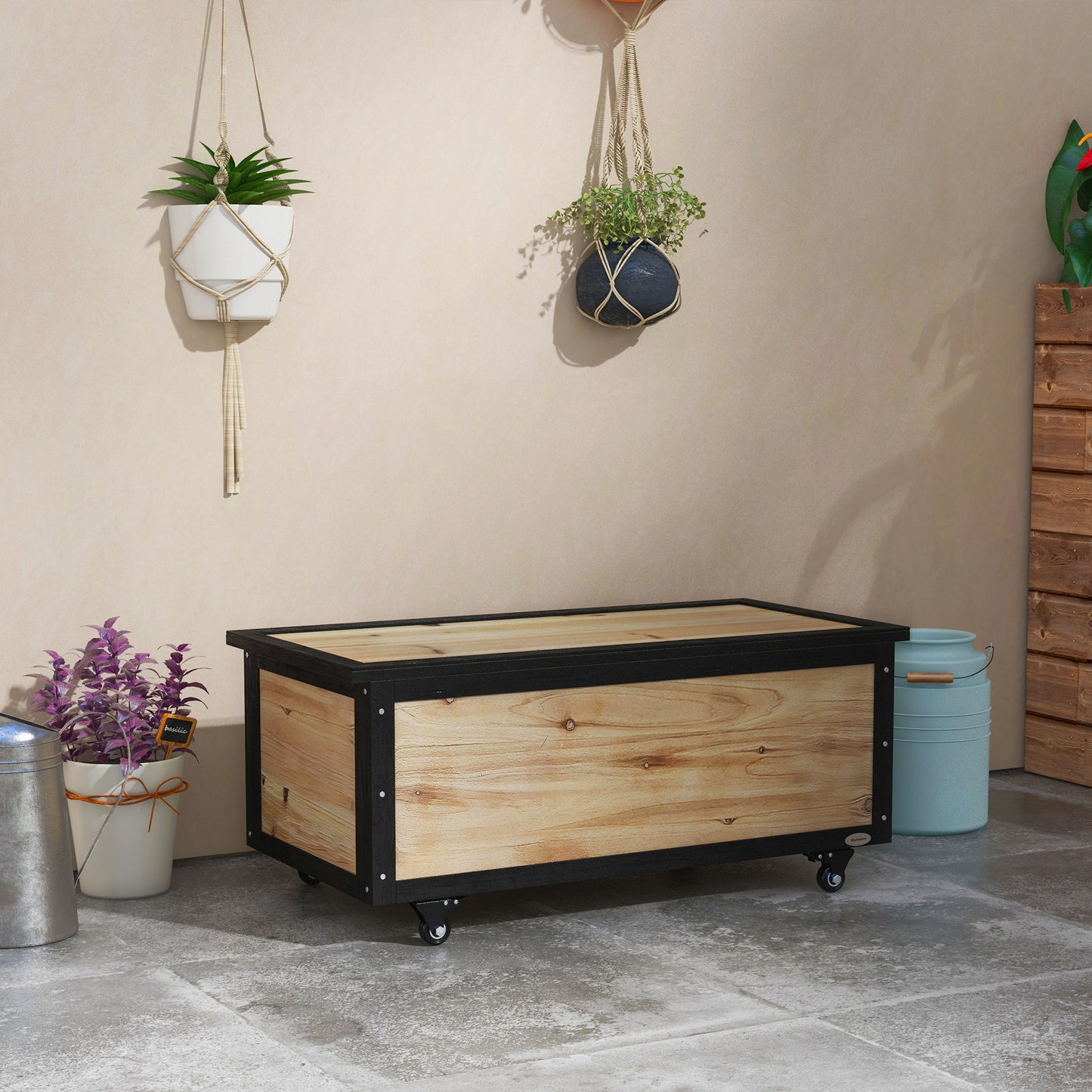 Outsunny Garten-Aufbewahrungsbox, 121 Liter, 2 Räder, wetterfest, Metallscharniere, Naturholz, 100x50x43 cm