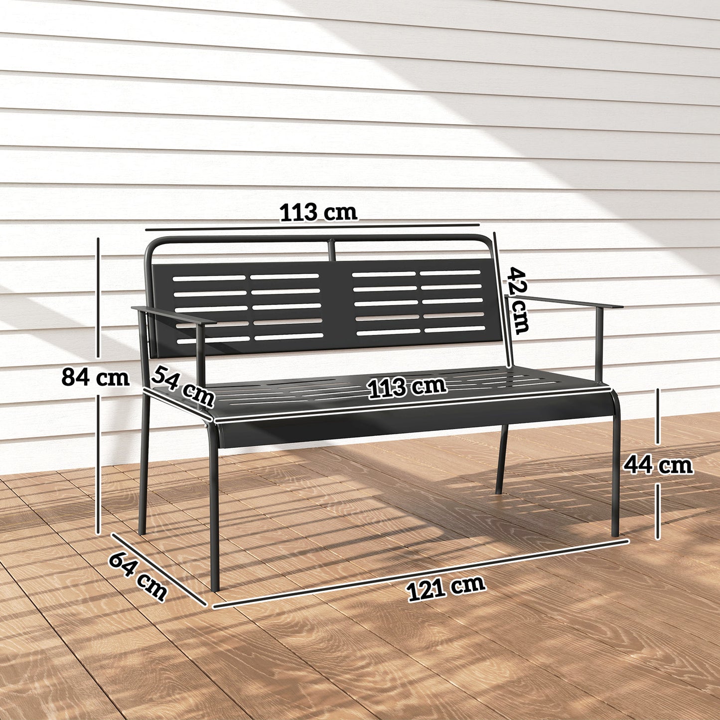 Outsunny -Sitzer Gartenbank, wetterfest Sitzbank, wasserabweisend Gartenmöbel mit Rücken- & Armlehnen 121 x 64 x 84cm, Schwarz