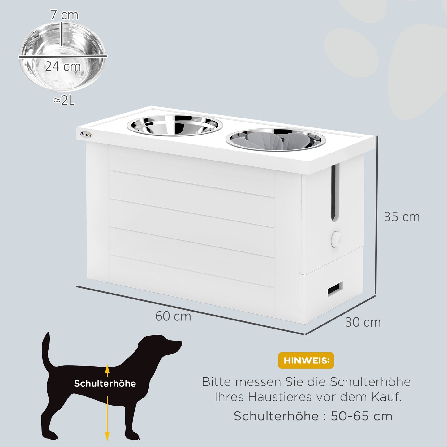 PawHut 2-in-1 Erhöhter Hundenapf Höhenverstellbar Futternapf mit Ständer 2 x 2L Edelstahlnäpfen Weiß