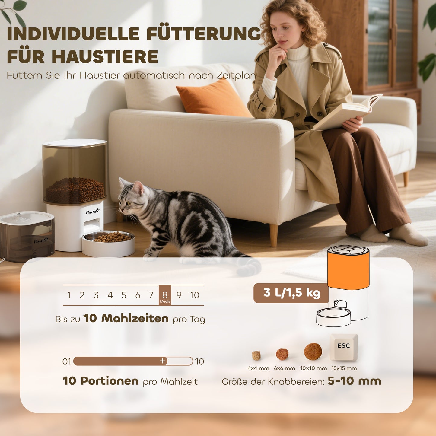 PawHut Automatischer Futterspender und 2,5 L Wasserspender für kleine Hunde, Katzen Weiß