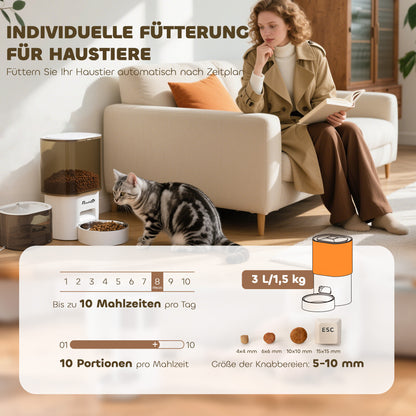 PawHut Automatischer Futterspender und 2,5 L Wasserspender für kleine Hunde, Katzen Weiß