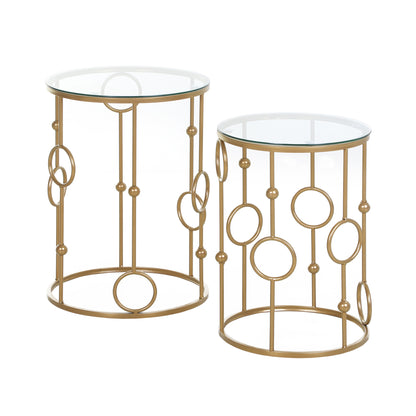 HOMCOM 2er-Set Couchtisch, Beistelltisch mit Glasplatte, Wohnzimmertisch mit Reifen- und Kugeldesign Ø41 x 57 cm, Gold