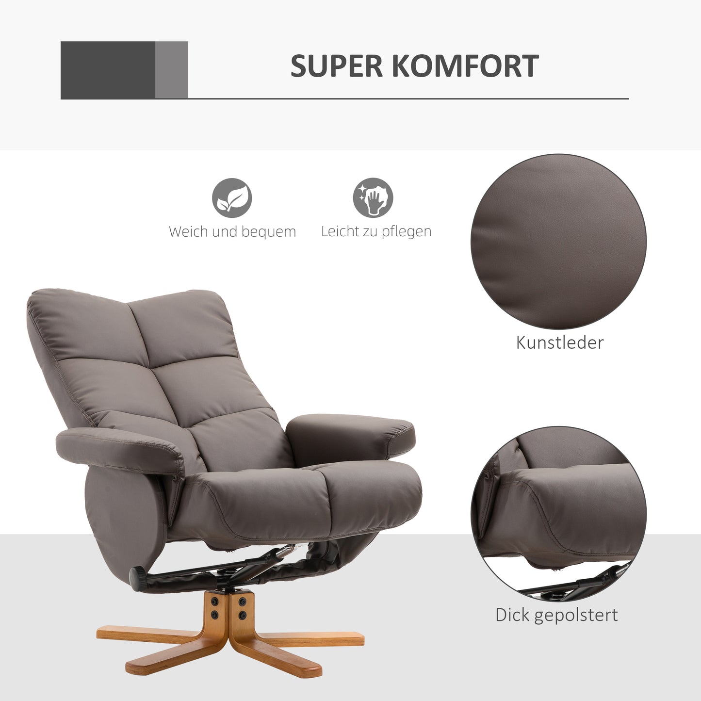 HOMCOM Relaxsessel mit Hocker, 360°drehbarer Fernsehsessel mit Liegefunktion Lesesessel für Schlafzimmer, Wohnzimmer, Kunstleder, Braun