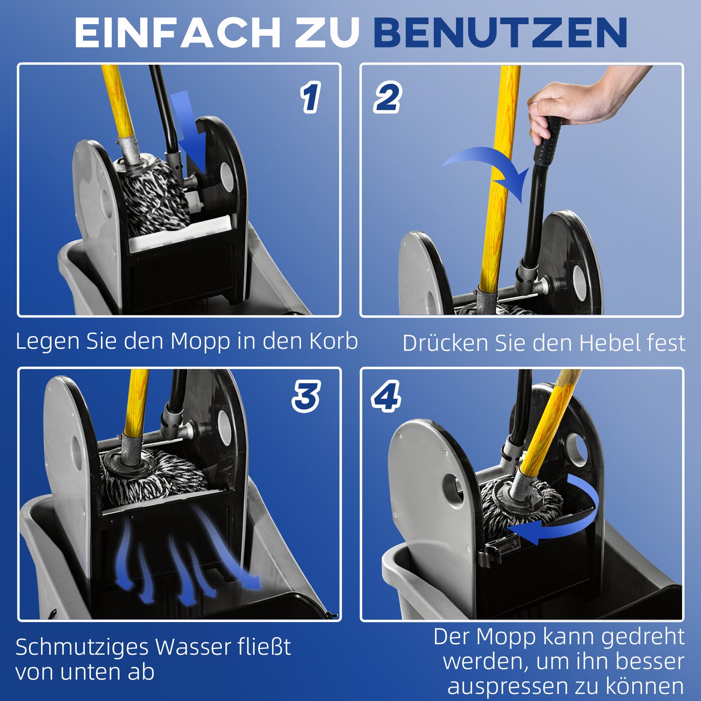HOMCOM Wischwagen mit Mopp-Presse, 36L, Wassertrennwand, 4 Rollen, Schwarz/Grau