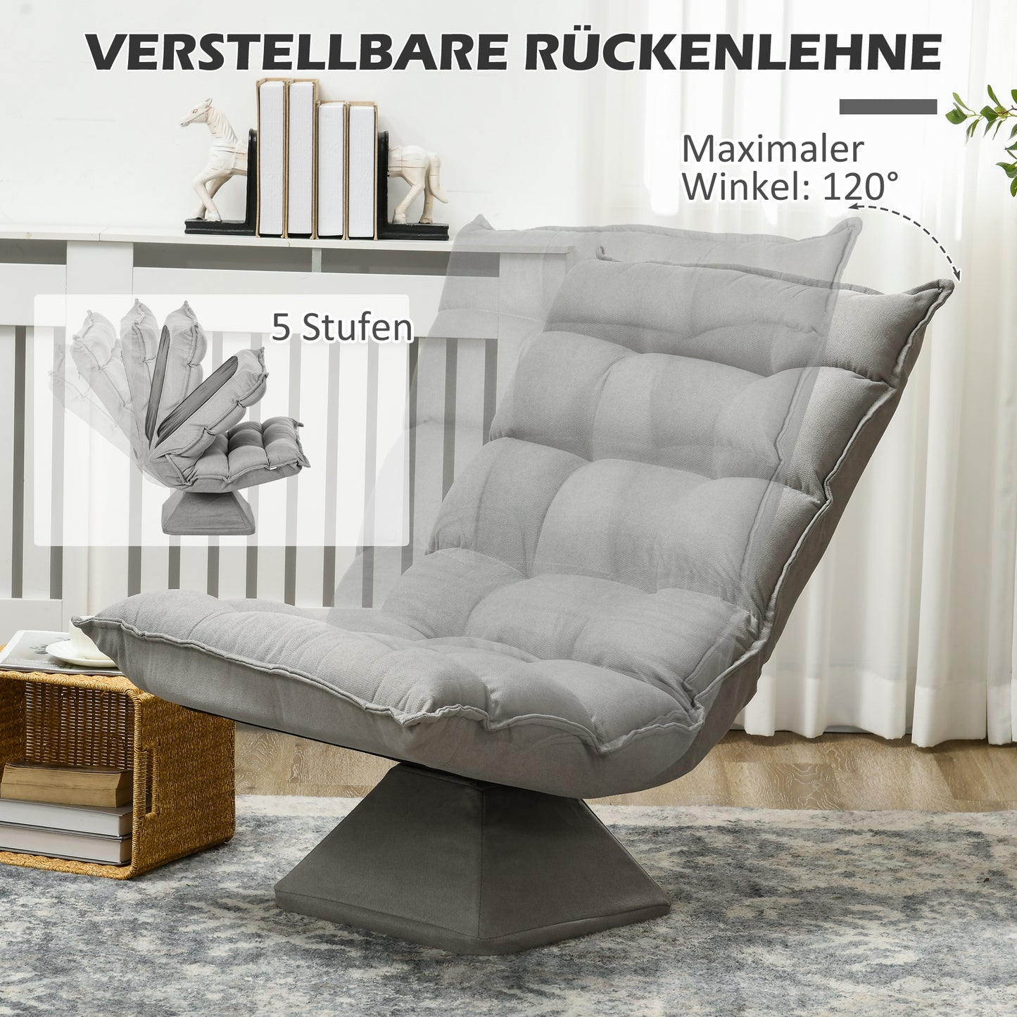 HOMCOM Relaxsessel Lesesessel, drehbar, Samtoptik, 62 cm x 70 cm x 95 cm, Hellgrau