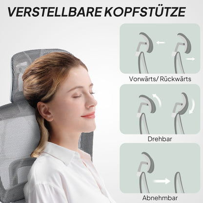 HOMCOM Bürostuhl، Ergonomischer Schreibtischstuhl mit Netzstoffbezug، verstellbar، rollbar، mit Armlehnen، Kopfstütze، Grau