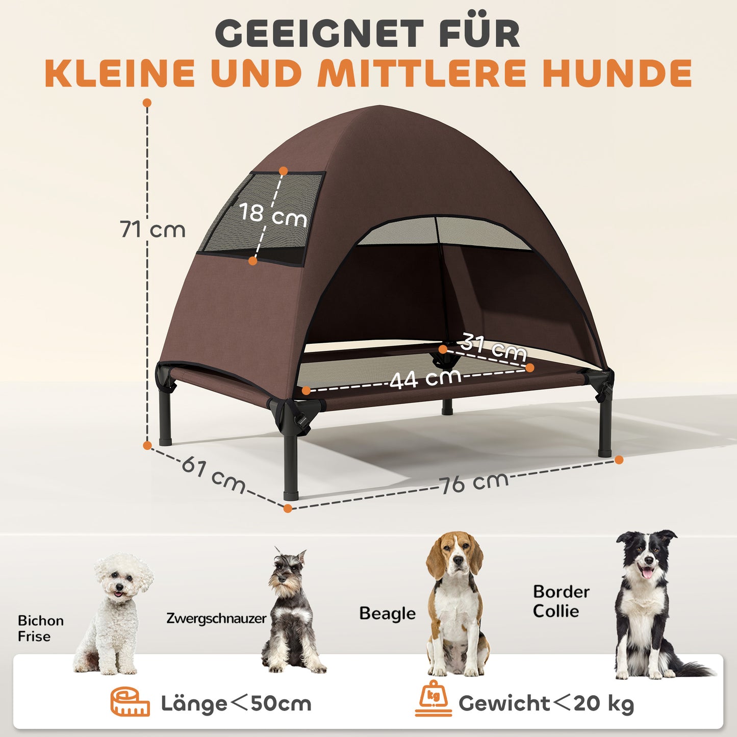 PawHut Hundeliege Outdoor mit Dach, Erhöhtes Hundebett für Mittelgroße Hunde, 76 x 61 x 71cm, Kaffee