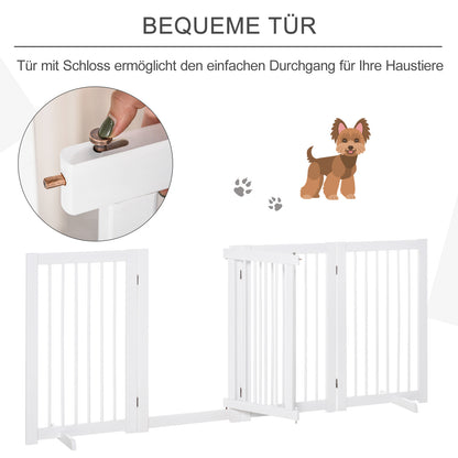 PawHut Absperrgitter Hund 4-teilig, 204 x 75 cm Faltbar Türschutzgitter mit Tür, Freistehend Hundegitter mit 2 Stützfüßen, Treppengitter aus Holz für Flur, Küche, Treppe, Weiß