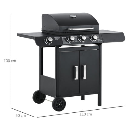 Outsunny Gasgrill mit 3 Hauptbrennern + 1 Seitenbrenner, Ablage, rostfreier Stahl, schwarz, 110 x 50 x 100 cm