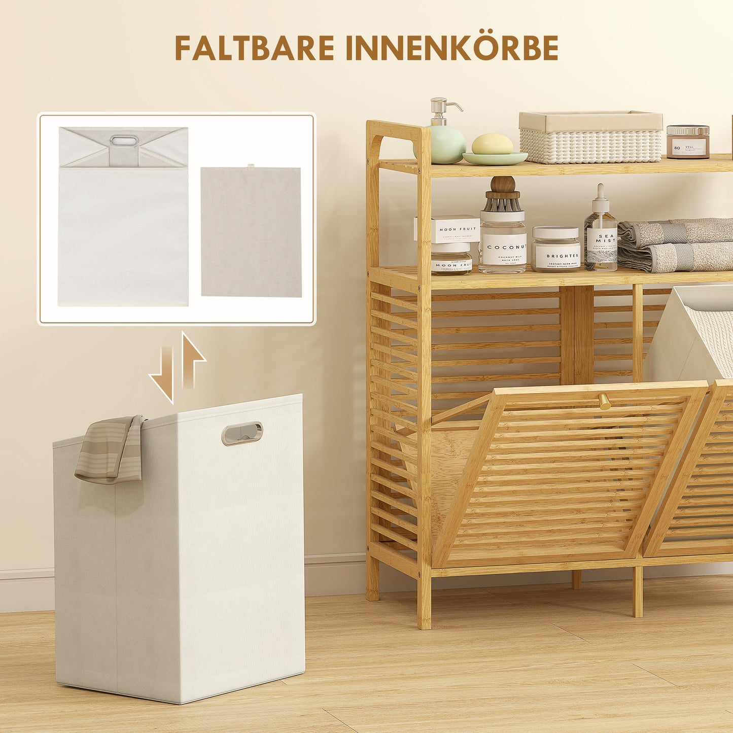 HOMCOM Wäscheregal mit 2 Wäschekörben, freistehendes Bambusregal für Badezimmer, Waschküche, Naturholz+Cremeweiß