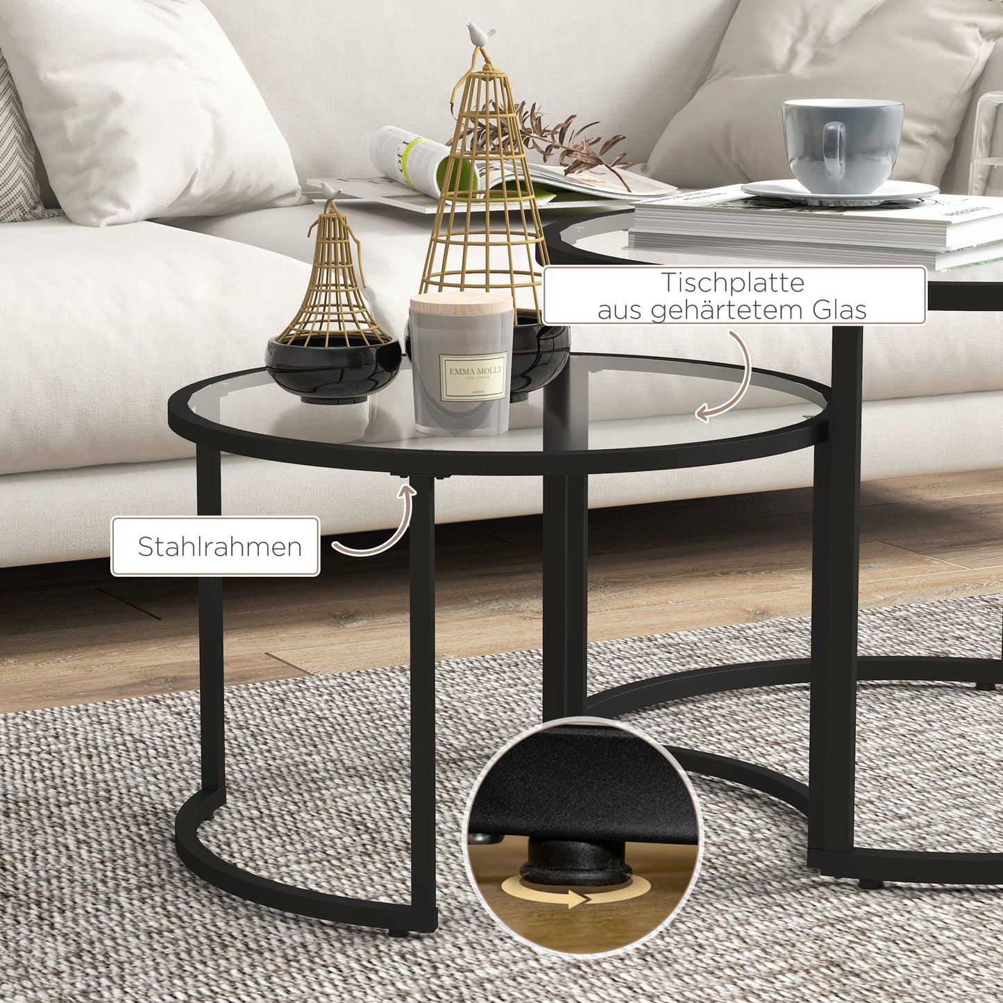 HOMCOM 2er-Set Beistelltische Couchtische Industrie-Design, Glastische, stapelbar, Schwarz + Transparent