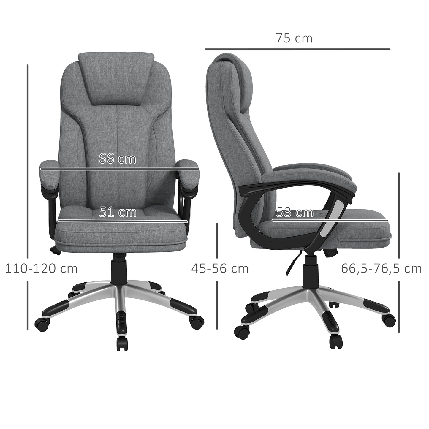Vinsetto Bürostuhl Schreibtischstuhl Chefsessel, höhenverstellbar, Wippfunktion, 6 cm x 75 cm x 120 cm, Grau