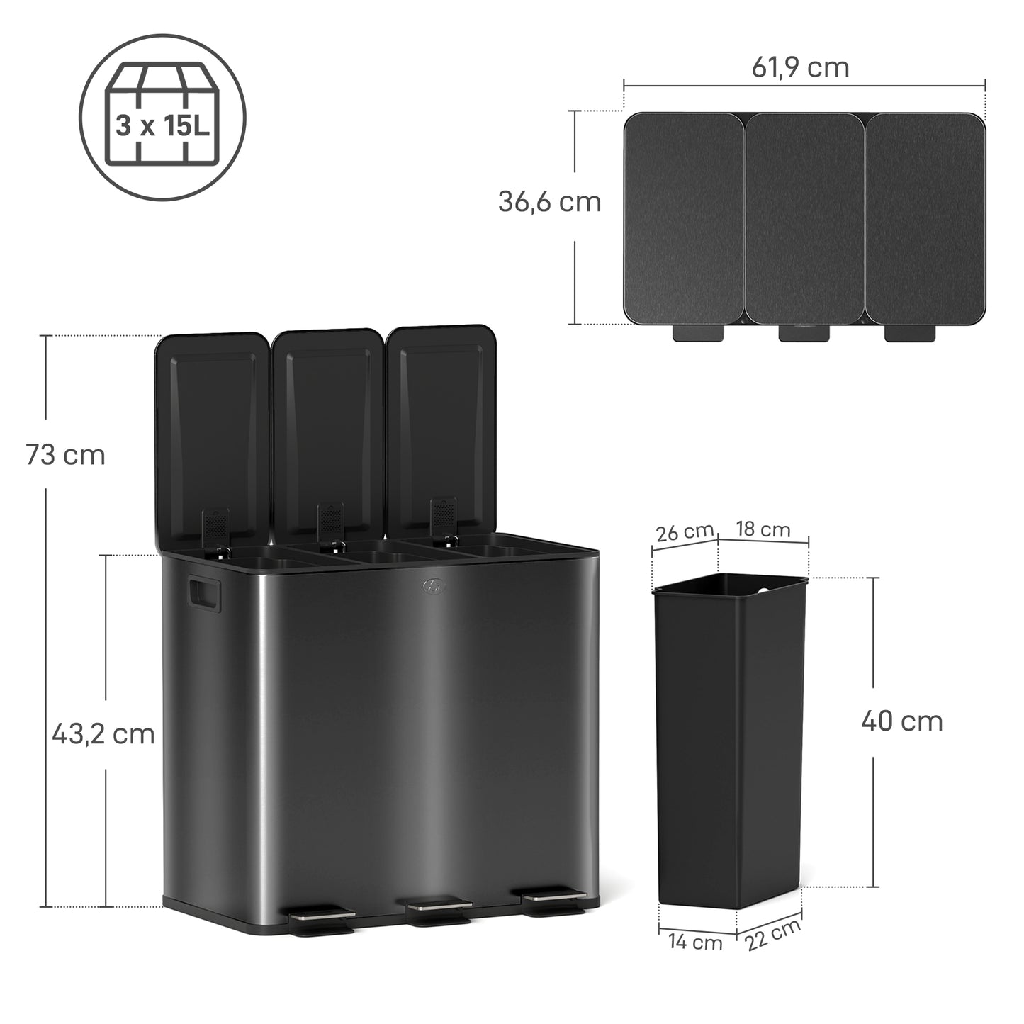 HOMCOM Mülleimer mit 3 x 20 L Fächern, Deodorant-Deckel, fingerabdrucksicher, Soft-Close, herausnehmbar, Schwarz