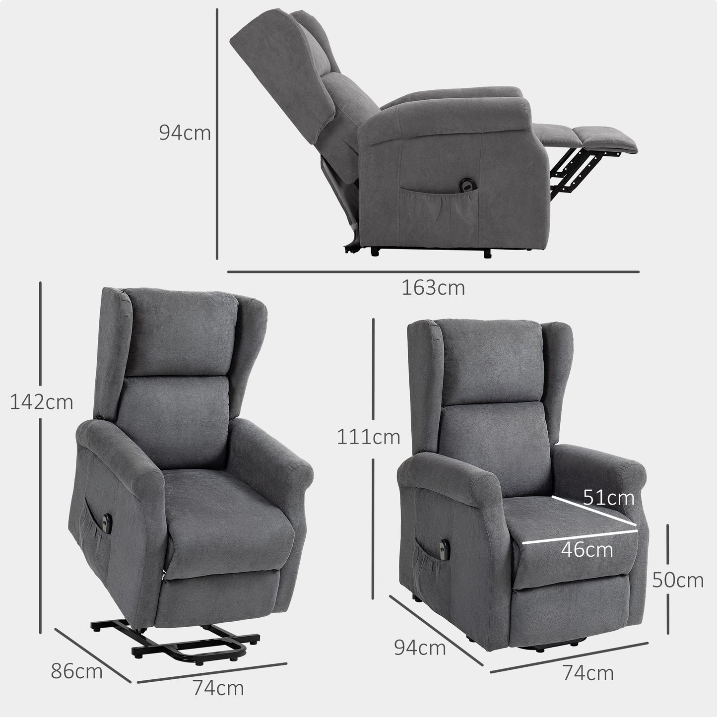 HOMCOM Relaxsessel, Aufstehhilfe, Liegefunktion, bis 200kg, 72,5x94x109cm, Dunkelgrau