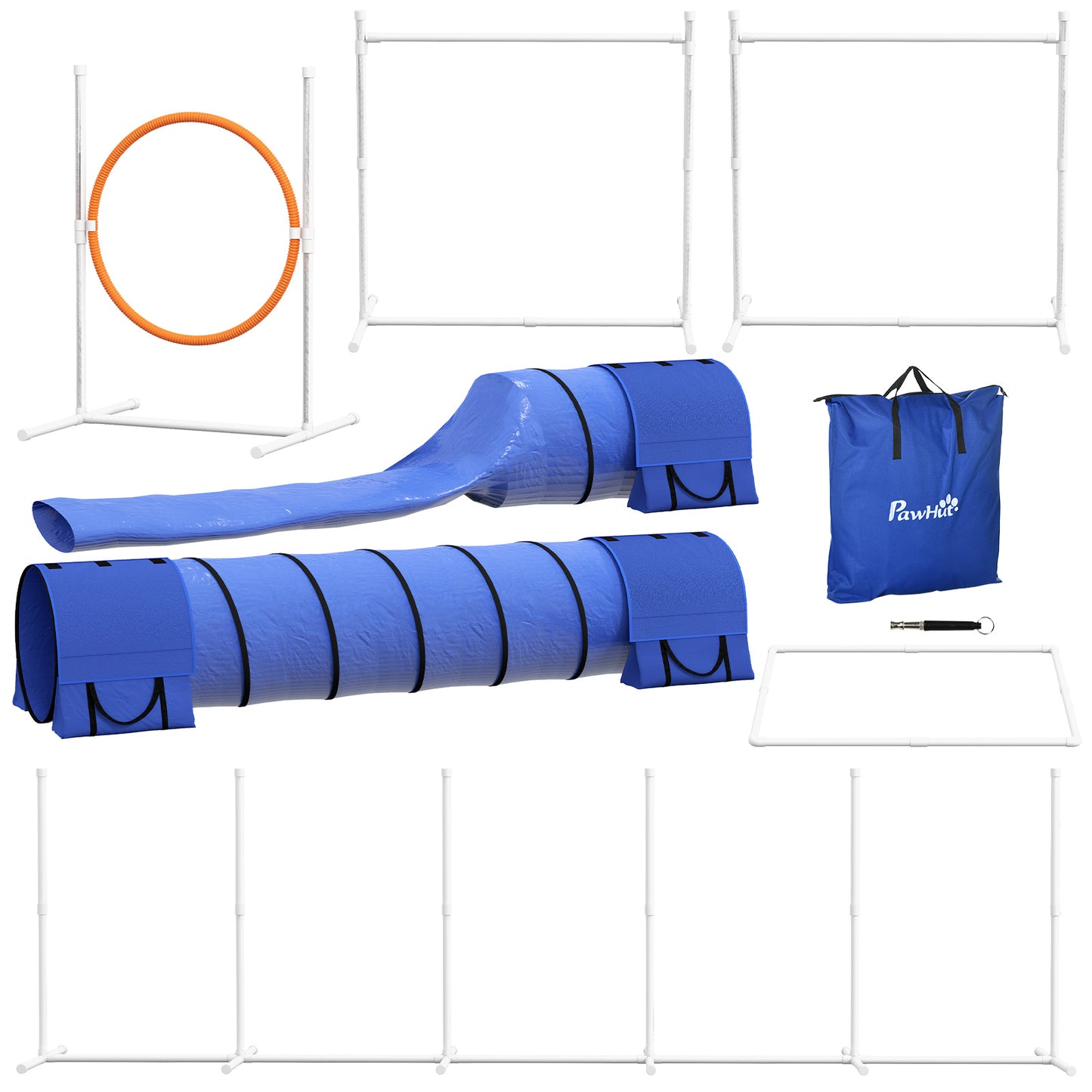 PawHut Hunde-Agiliy-Set Hundeparcours, 1 Reifen, 2 Tunnel 2 Hürden, 321 cm x 63c m x 93 cm, Blau + Rot+ Weiß