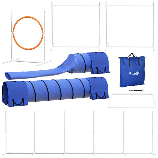 PawHut Hunde-Agiliy-Set Hundeparcours, 1 Reifen, 2 Tunnel 2 Hürden, 321 cm x 63c m x 93 cm, Blau + Rot+ Weiß