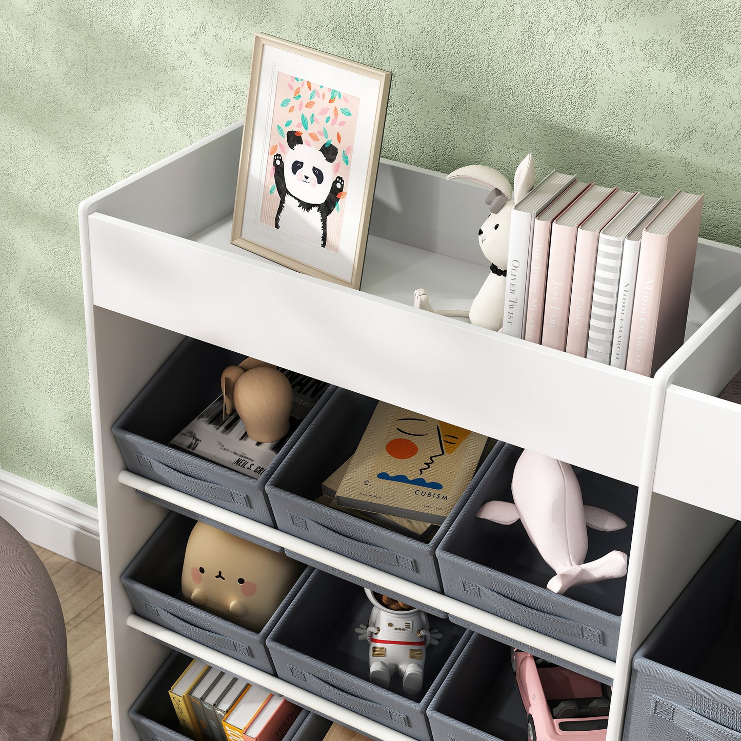 AIYAPLAY Kinder-Aufbewahrungsregal, Spielzeugschrank für Kinder mit 11 Stoffboxen, oberen Fächern, 3 Stickern, Weiß