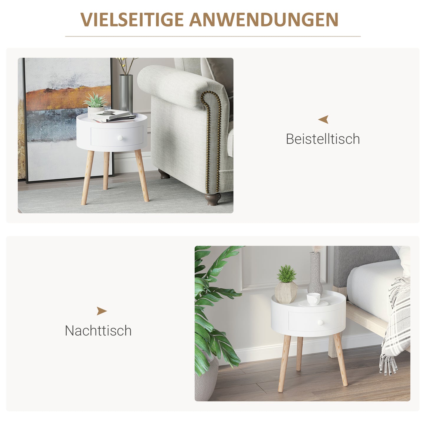 HOMCOM Couchtisch mit Schublade, rund, Skandi-Design, Schutzrand, Holz, Ø38 x H45 cm, Weiß