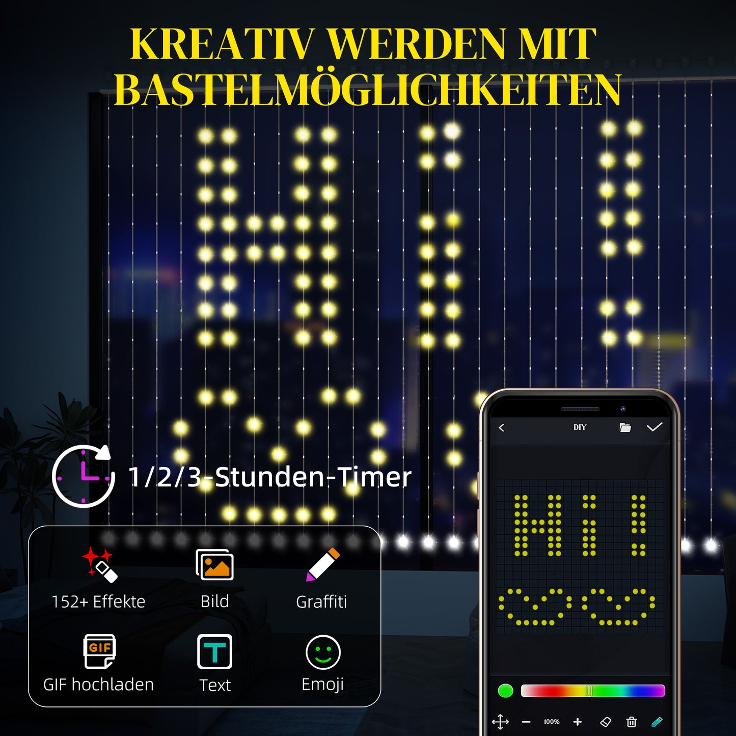 HOMCOM Vorhang mit 400 LED-Lichtern، Dynamische Lichterketten mit Musiksynchronisation für Schlafzimmer، Wohnzimmer، 3 x 3 م