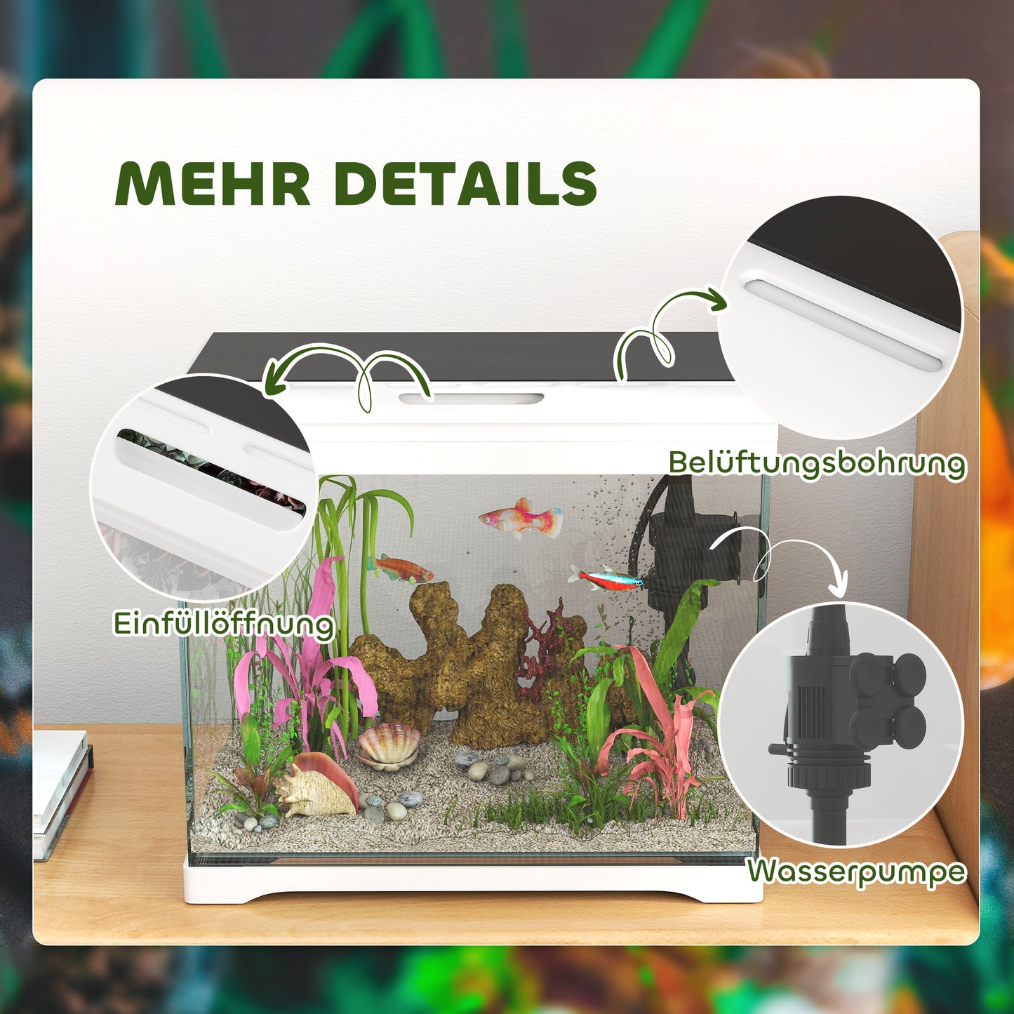 PawHut Aquarium, 17 L Tropenfischaquarium, leichte Pflege, klare Sicht, mit LED-Leuchten, 35L x 21B x 31H cm, Weiß+Schwarz