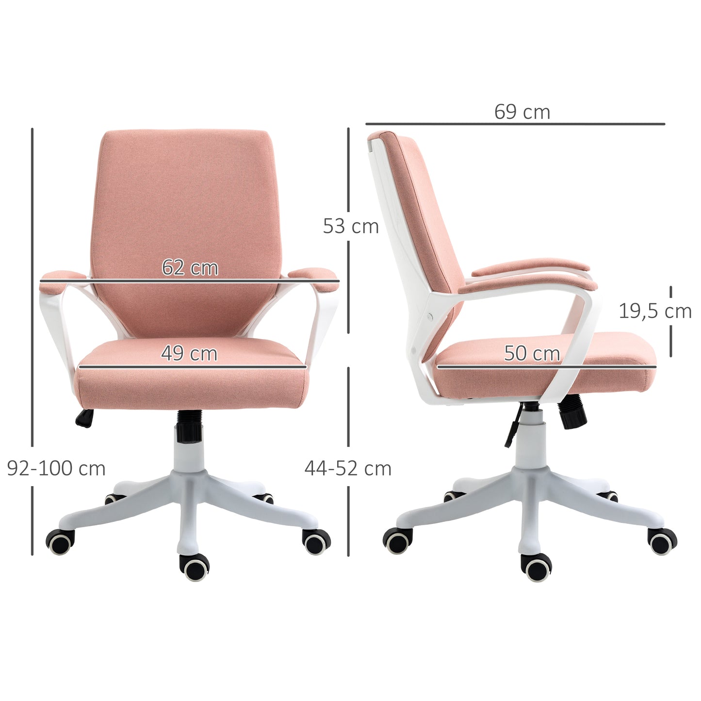 Vinsetto Bürostuhl Schreibtischstuhl Home-Office-Stuhl mit Wippenfunktion Rückenlehne höhenverstellbarer dick gepolstert ergonomisch 360°-Drehräder Polyester Nylon PP Rosa+Weiß 62x69x92-100 cm