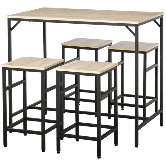 HOMCOM Bartisch-Set Stehtisch mit 4 Barhockern 5-teiliges Tischset Stahl Eiche