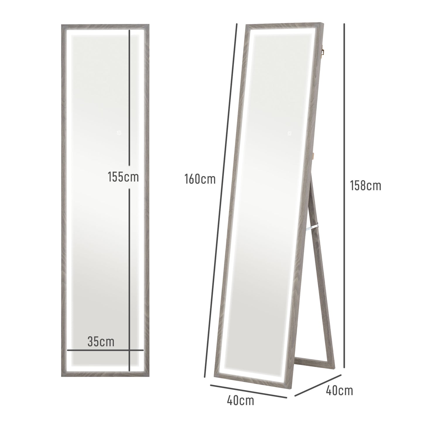 HOMCOM LED Ganzkörperspiegel, 40 x 160 cm, Touch-Steuerung, dimmbar, 3 Farben, Grau