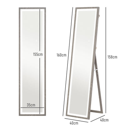 HOMCOM LED Ganzkörperspiegel, 40 x 160 cm, Touch-Steuerung, dimmbar, 3 Farben, Grau